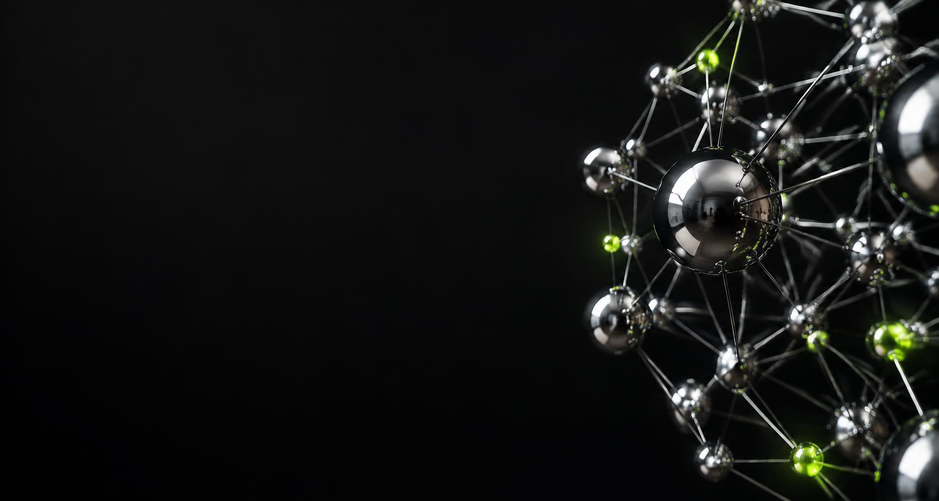 Chrome nodes and lime connections forming an interconnected wallet network